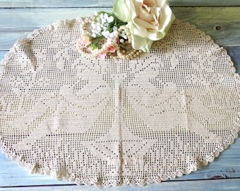 Figural Doily, Filet Crochet Panel, 20 x 13, Handmade Very Old, Cherubs or Angels Playing Trumpet, Victorian Decor, Vintage Linens