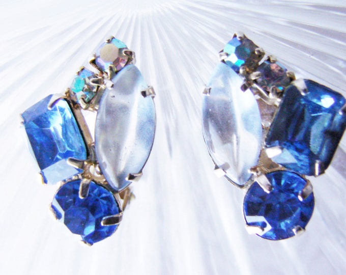 Vintage Rhinestone Clip Earrings / Aurora Borealis / Sapphire Blue / Jewelry / Jewellery