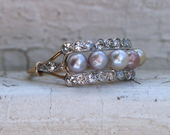 Amazing Antique 18K Yellow Gold Diamond and Pearl Wedding Ring Engagement Ring.