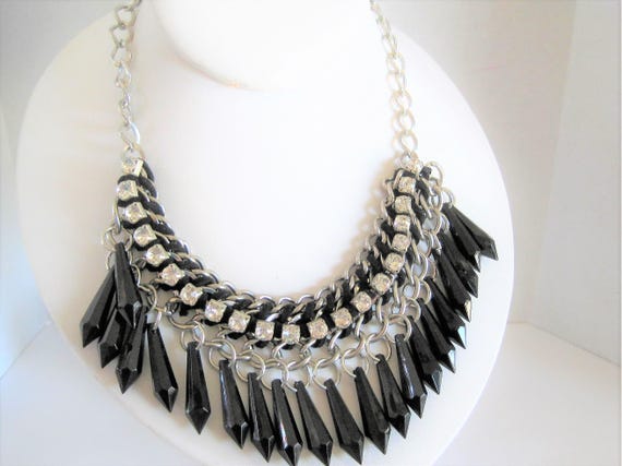 Black Glass Prism Necklace - Glass Bead Fringe - Rhinestone Adorned - Prism Beads