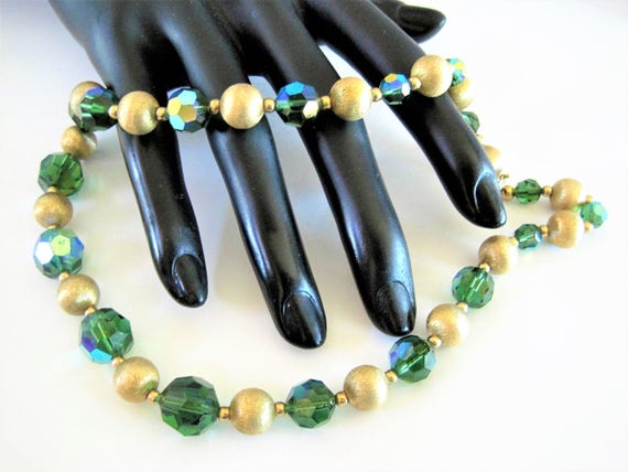 Napier Green Crystal Choker - Gold Tone Sparklers - AB Faceted Beads - Vintage Signed Choker
