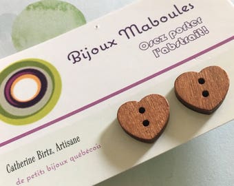 Boucles d'oreilles en bois , en coeurs , hearts earrings , hyppoallergene, acier chirugical, wood , jewel