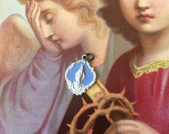 Pretty Little Vintage Miraculous Mary Medal or Charm With Periwinkle Blue