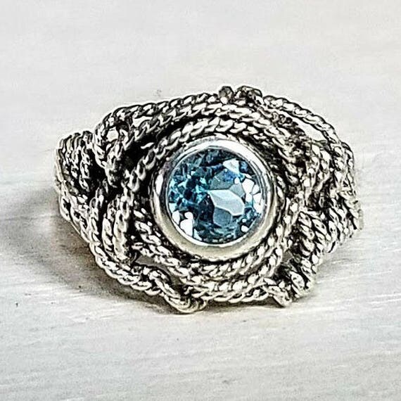 Blue Topaz Gemstone Argentium Silver Twist Wire Ring Size 6.5