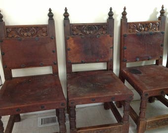 Set of 4 Antique Heavy Carved Wood & Leather Chairs from Mexico
