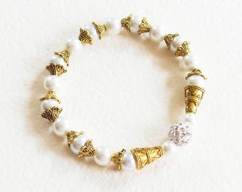 Bracelet Féerique - Jour de Fête - Blanc et Or - Perles nacrées, perle Shamballa, Métal doré - Bijou créateur en pièce unique