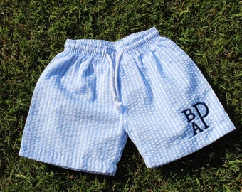 Monogram Swim Trunk, Boys Seersucker, Swimsuit, Swimtrunk, Boutique Swim, Boys Bathing Suit, Swim Trunk, Personalized, Seersucker boys swim