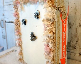 Vintage up cycled first aid cabinet wall hanging rustic chic embellished display or storage tattered lace home decor anita spero design