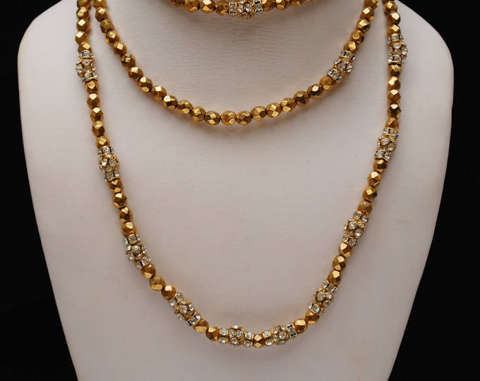 Gold glass and Rhinestone bead necklace - glamour golden silver bling - 46 inch long Flapper necklace