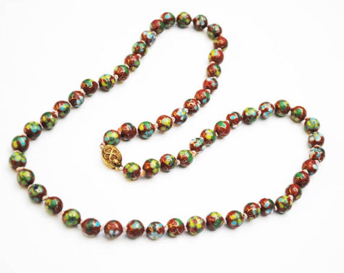 Cloisonne flower Bead Necklace - Rust Red Brown beads green blue gold - Enameling - Hand knotted beads -Asian Chinese