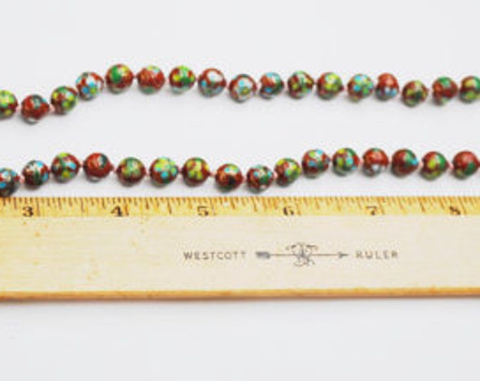 Cloisonne flower Bead Necklace - Rust Red Brown beads green blue gold - Enameling - Hand knotted beads -Asian Chinese