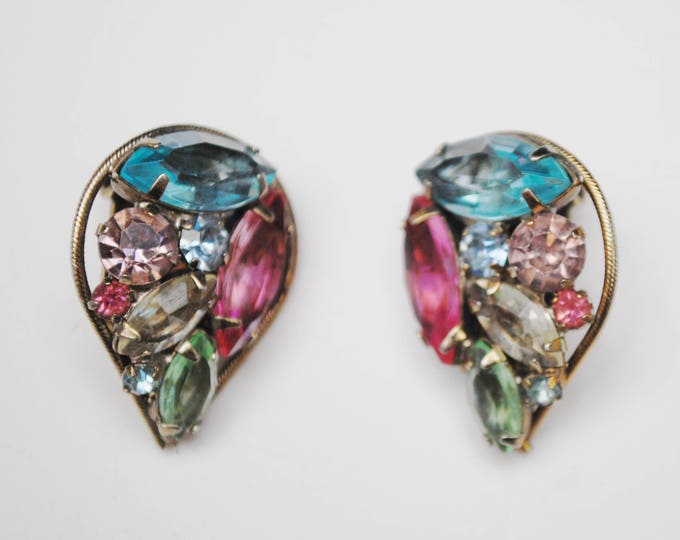 Weiss Rhinestone Earrings -Tear drop - Colorful Crystal - pink blue green - clip on earrings - gold tone metal
