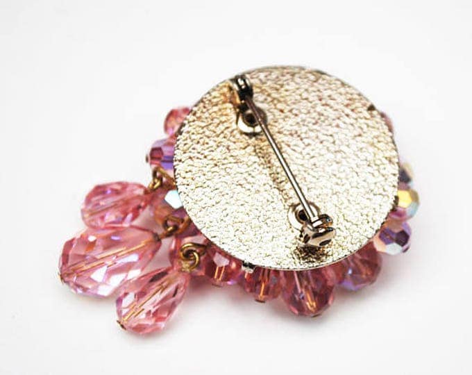 Pink Crystal Dangle Brooch - cluster Bead -Facet cut glass - round drop dangle pin