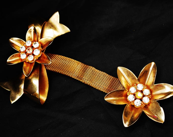 Gold Flower Dangle Brooch - Gold Mesh - AB Rhinestone - Ribbon -Mid Century floral Pin