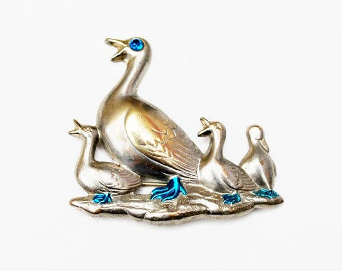 Duck with Duckling Brooch - Silver with blue rhinestone enameling - bird figurine pin