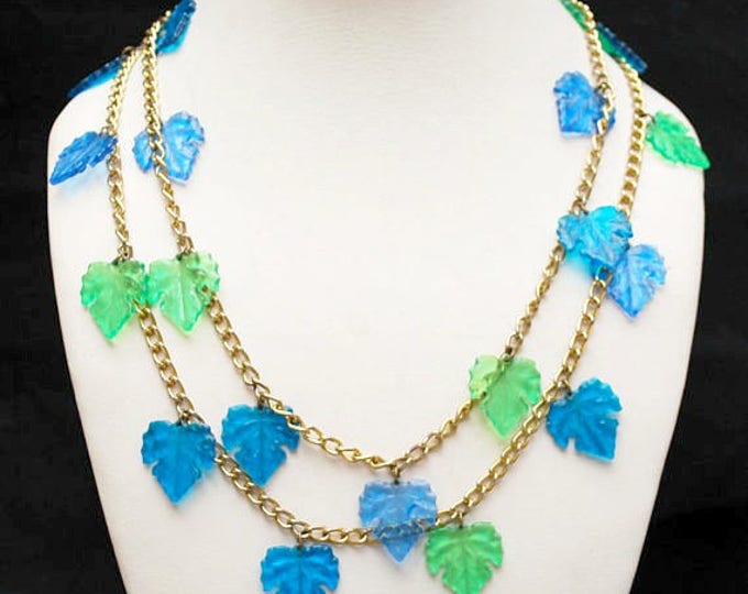 Blue Green Leaf Necklace - Lucite Plastic - grape leaf - gold tone chain - Turquoise