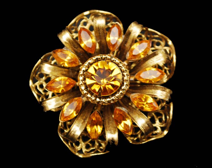 Rhinestone Flower Brooch - Amber Orange Crystal - Gold Filigree - Floral pin