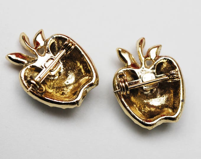 Apple scatter pins - Two Rhinestone Fruit brooches - Aurora Borealis - Gold small pin