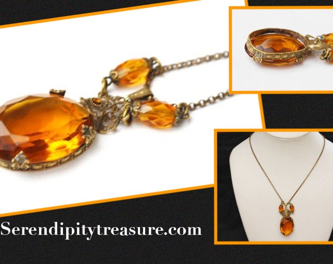Art Deco necklace - Amber Glass Pendant - gold brass - yellow orange facet cut crystal bead