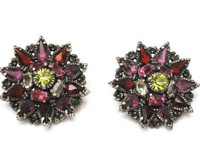 Rhinestone Flower Earrings - Clip on earrings -1954 Hollycraft - purple Green floral