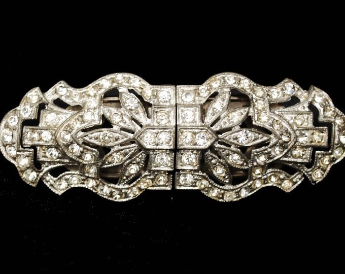 Art Deco Duette - Brooch Dress Clip - Rhinestone - Silver Pot metal - 2 in one