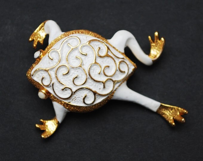 Frog Brooch - white enamel - gold plated -JJ Jonette Jewelry Company- figurine pin - signed