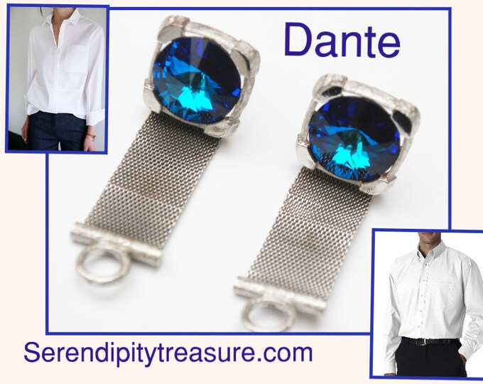 Blue Rivoli Cuff link - Signed Dante - silver metal mesh -glass crystal - Rhinestone cuff links