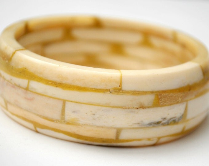 Chunky Bangle - White black - Carved Mosaic cream Bone - Boho Bracelet