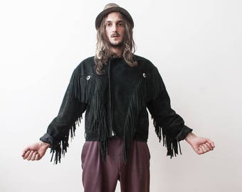 Black Fringe Jacket 70s Suede Leather Hippie Fringe Coat Jacket Biker Moto Veste a Franges
