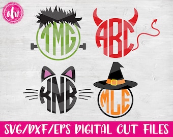Halloween Monogram Set, SVG, DXF, EPS, Cut Files, Pumpkin, Witch, Frankenstein, Cat, Devil, Fall, Autumn, Vinyl, Silhouette, Cricut