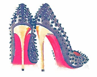 Christian Louboutin Heels DIGITAL ART PRINT from Watercolor Painting, Fashion Illustration
