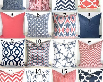 BLUE and CORAL PILLOWS Blue and Coral Pillow Covers Navy Blue Throw Pillows Coral Pillow Covers Coral Pillows All Sizes 18x18 16 20