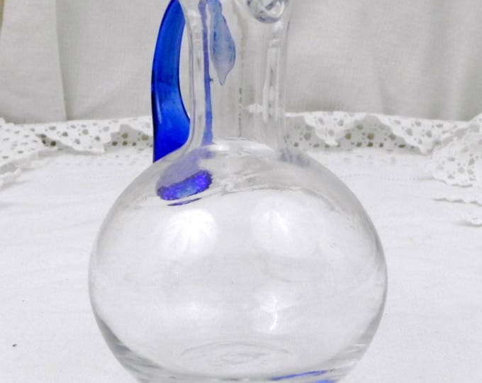 Small Vintage Blown Glass Handmade Vase / Jug with Blue Handle, Glass Oil Bottle, French Vintage Table Decor, Retro Home Interior Small Vintage Blown Glass Handmade Vase / Jug with Blue Handle, Glass Oil Bottle, French Vintage Table Decor, Retro Home Interior
