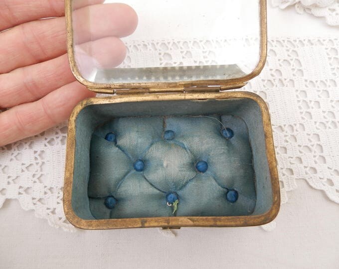Antique French Beveled Glassed Lid and Gilt Metal Jewelry / Trinket Box with Turquoise Satin Linning, French Country Chateau Chic Decor
