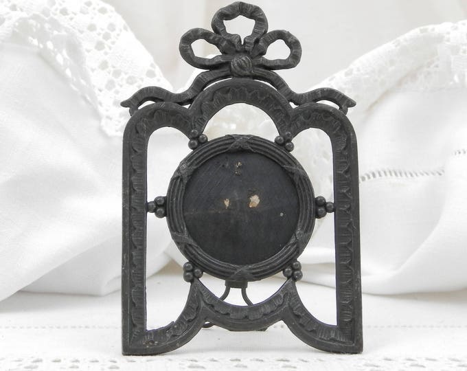 Small Antique French Cast Metal 1880s Portrait Photograph Frame with Ribbons, Standing Napoleon 3 Picture Frame Made in Paris, Photo Frame