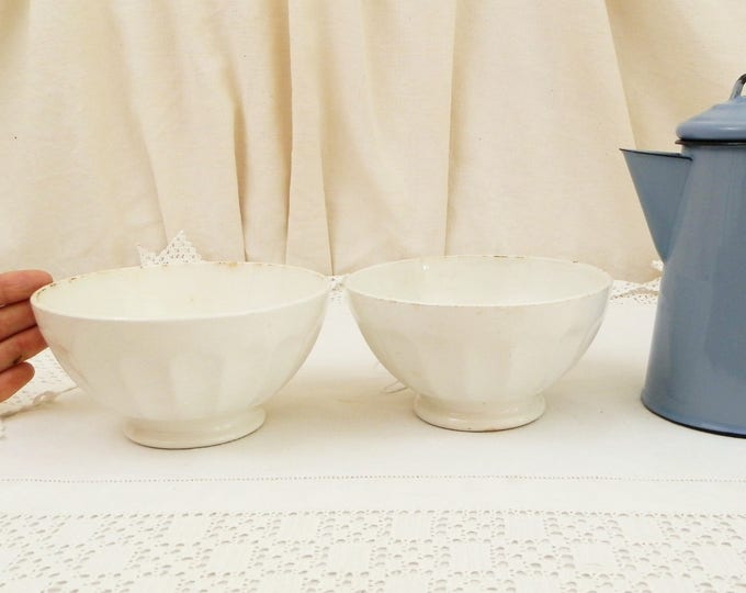 2 Antique Large White Coffee Bowls with Scalloped Sides from France, French Farmhouse Ceramic Café au Lait Bowls, Country Latte Bowl 2 Antique Large White Coffee Bowls with Scalloped Sides from France, French Farmhouse Ceramic Café au Lait Bowls, Country Latte Bowl