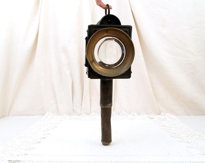 Large Antique French Horse Carriage Coach Square Metal and Glass Lantern Domed Lens, Candle Lamp from France, Upcycle Light, Wall Sconce