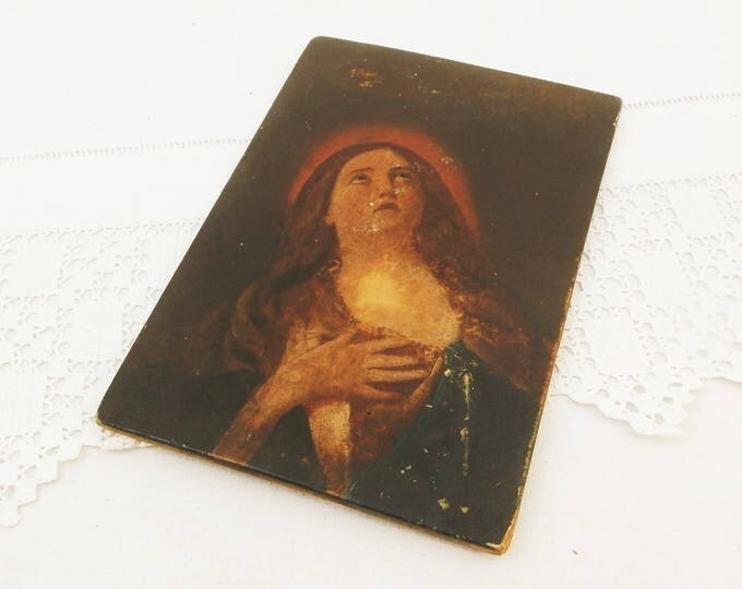 Antique Hand Painted Copy of Original Mary Magdalene by 17th Century Italian Artist Guido Reni, Oil on Board Painting, Religious Picture