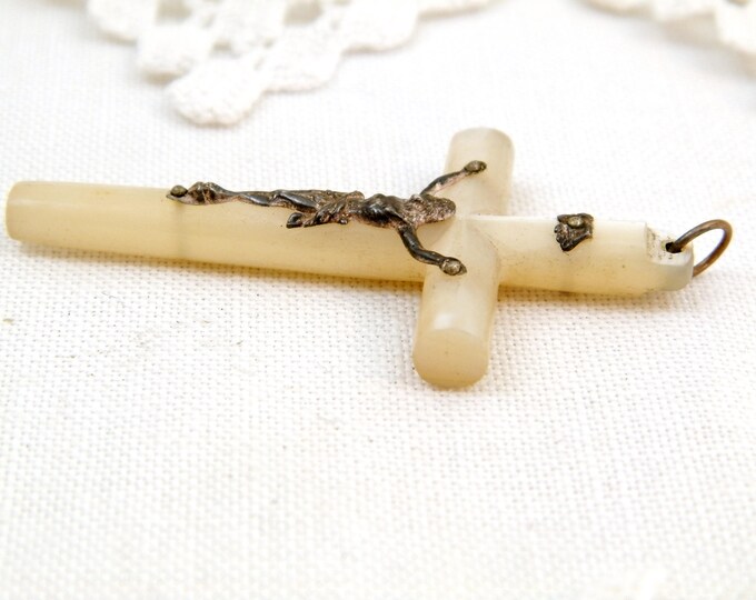 Vintage French Mother of Pearl and Silver Plated Crucifix, French Catholic Cross Made of Nacre with Metal Jesus, Religious Jewelry