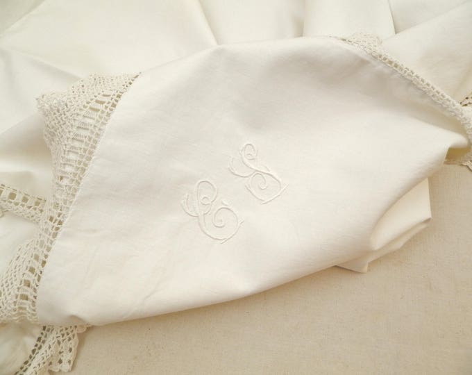 Antique French Excellent Condition White Cotton Hand Embroidery and Crochet Pillow Case with Monogram CJ Initials, Linen Cushion Case