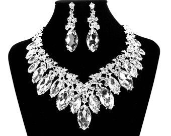 SALE Bridal Statement Necklace, Crystal Bridal Necklace Set, Crystal Wedding Necklace, Crystal Evening Necklace ~ E 60