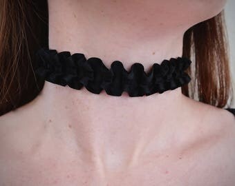 Black Satin Pleat Ribbon Ruff Choker Necklace