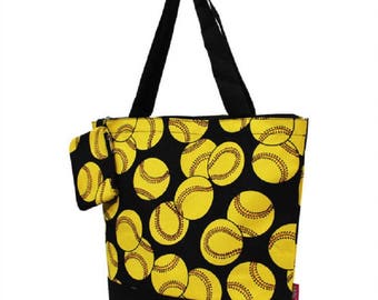 Personalized softball canvas tote with black trim: SOF821-BLK