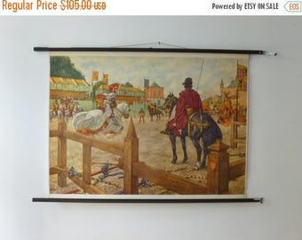 ON SALE 25% OFF Knights in Armour School Chart - Jousting Medieval Times Pull Down Chart - Romantic Renaissance Vintage 1960s Wall Decor