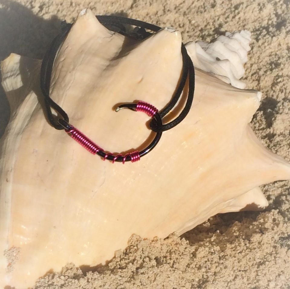 The REAL FISH HOOK Bracelet/Anklet Pink on Black Hook