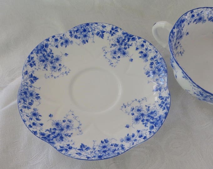 Shelley Dainty Cream Soup Cup and Saucer, Blue and White Porcelain, Shelley China