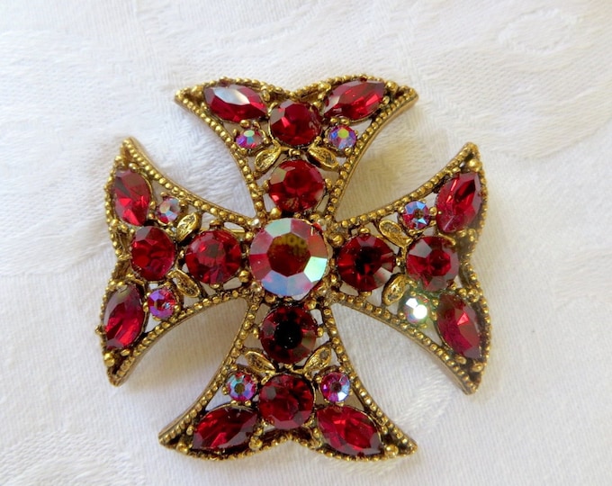 Maltese Cross Brooch, Vintage Malta Cross Pin, Red Rhinestone, Maltese Pendant, Navette Stones, Sparkling Beauty