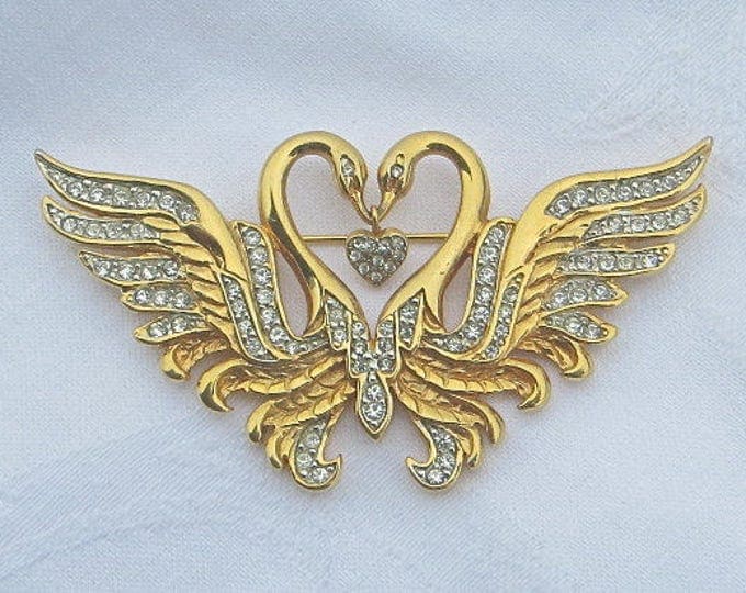 Nolan Miller Swan Brooch, Pair of Swans Pin, Lovebirds Rhinestone, Wedding Bride Designer Signed Jewelry