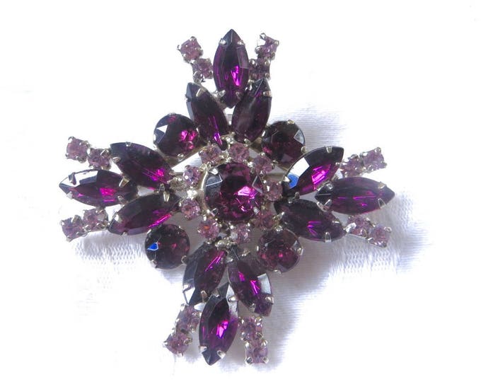 Rhinestone Maltese Cross Brooch, Vintage Malta Cross Pin, Purple Cross Pendant, Navette Stones, Sparkling Beauty