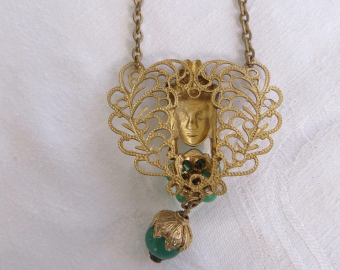 Vintage Quan Yin Necklace, Filigree with Peking Glass Beads, Bib Style, Spiritual Jewelry, 24 Inch Chain, Goddess of Mercy and Compassion